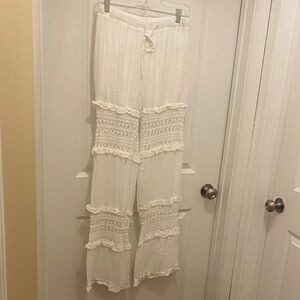 Love Tree Cream Wide Leg Lace-Trim Palazzo Pants